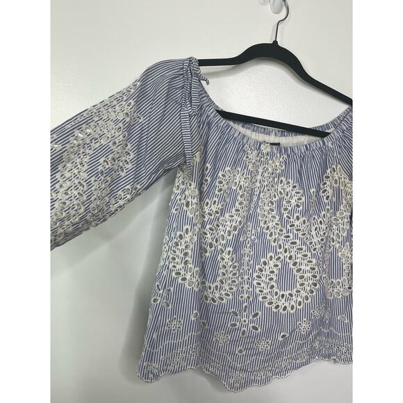 Express Blouse Eyelet Off the Shoulder Striped 3/4 Sleeve Cotton Lined Blue S - Picture 3 of 12